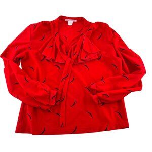 Cape Cod Match Mates Vintage Ruffled Bow Blouse L/XL Long Sleeve Pullover Red